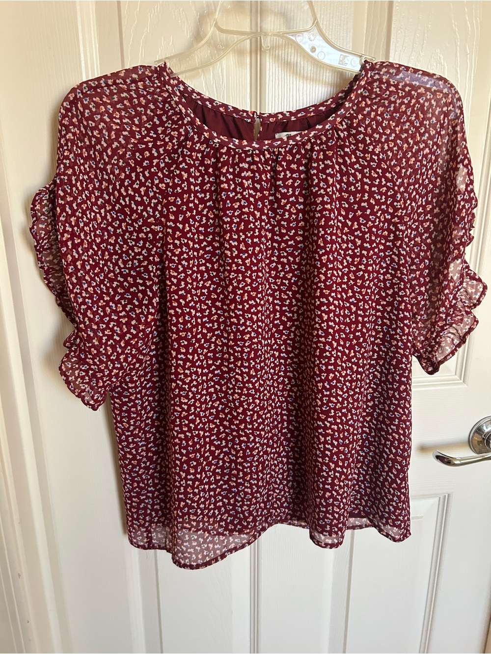 Madewell Burgundy Ditsy Floral Ruffle Sleeve Blouse